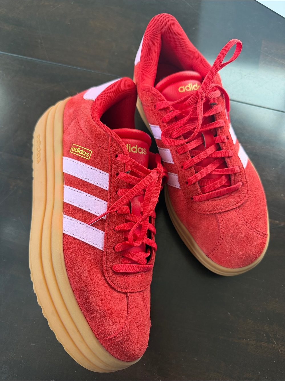 adidas Red Suede Sneakers with White Stripes and Gum Sole